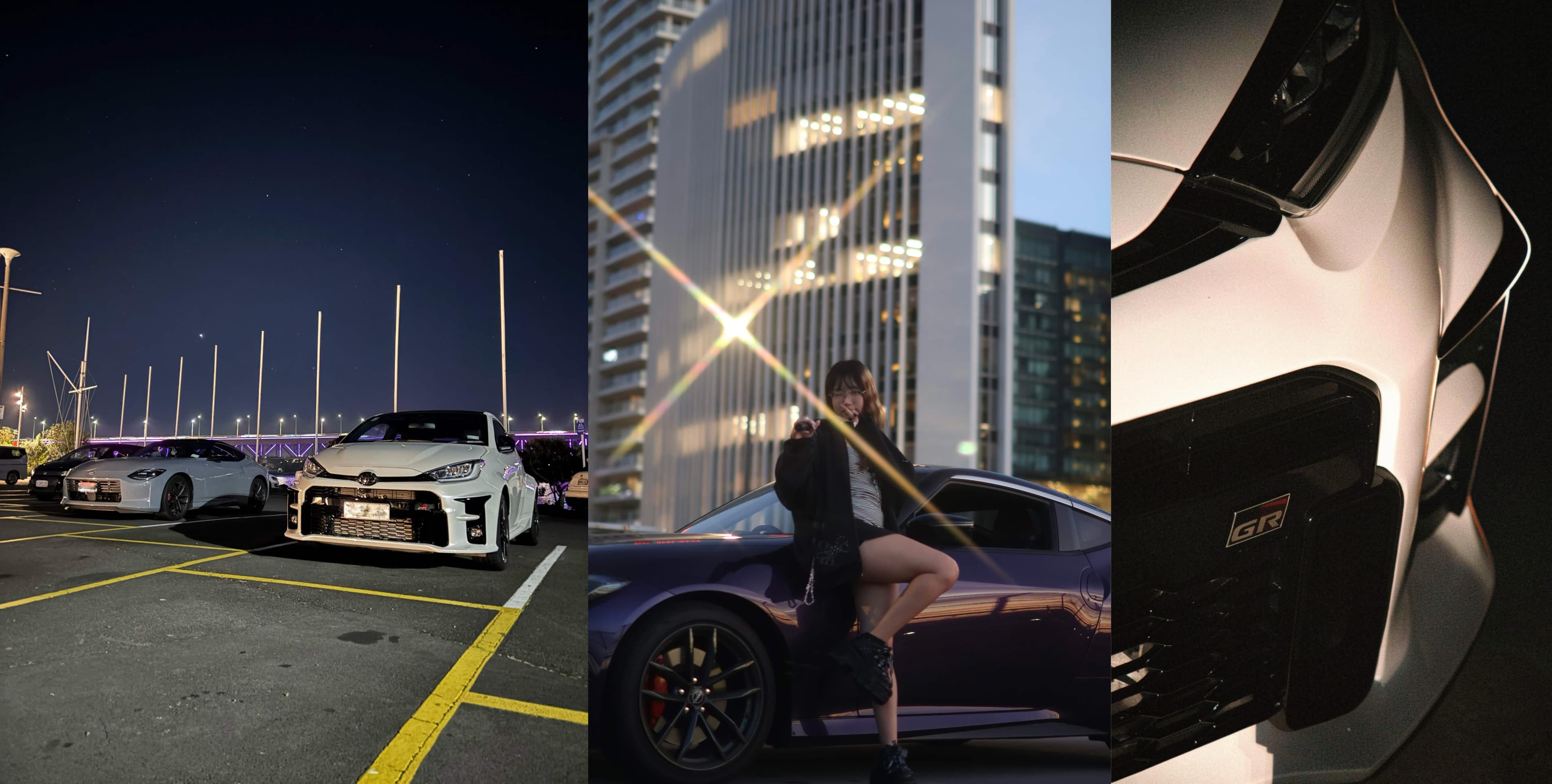GR Yaris photography — night park, portrait with car, and GR grille detail